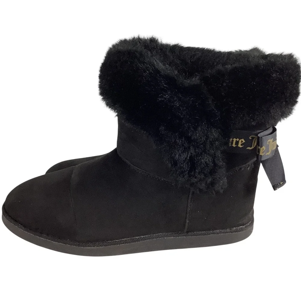 Juicy Couture Womens Black Faux Suede Fur Trim Bow Winter Boots Size 9